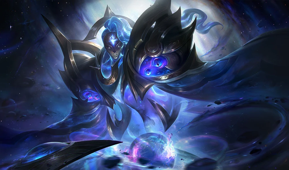 Bel'Veth dans un rayon cosmique regarde une petite planète sous elle dans League of Legends