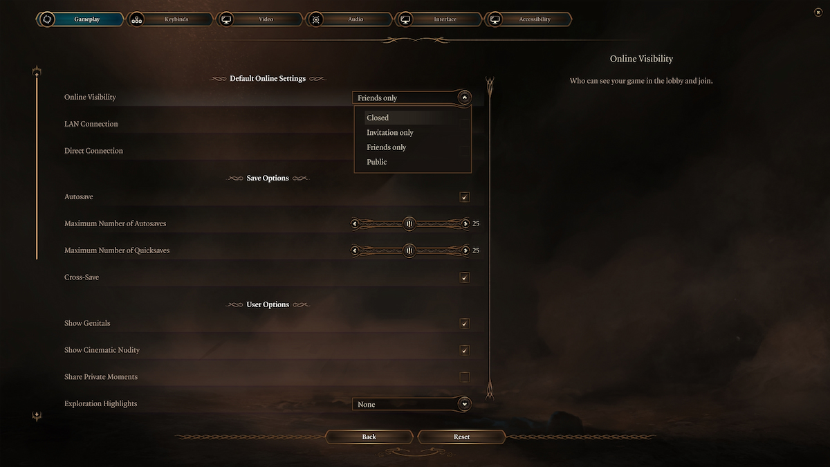 Paramètres en ligne par défaut Baldur's Gate 3