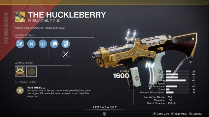 Destiny 2 Huckelberry exotique SMG