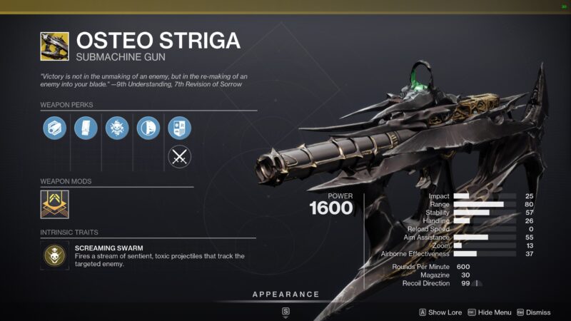 Destiny 2 Osteo Striga SMG exotique
