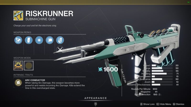 Destiny 2 Riskrunner SMG exotique