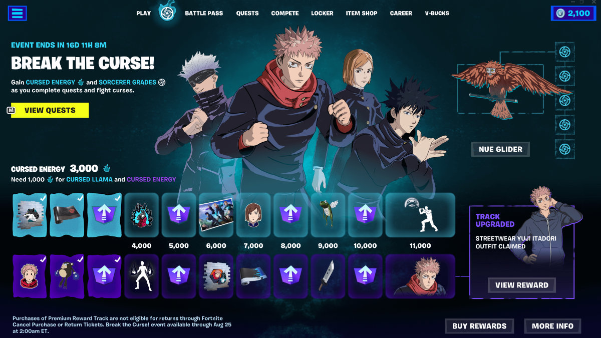 Fortnite Jujutsu Kaisen Break The Curse Event Récompenses Skins Emote Quêtes