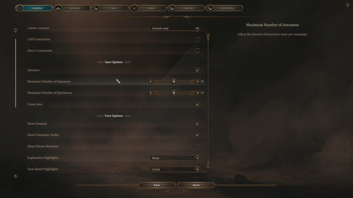 Menu des options de sauvegarde automatique de Baldurs Gate 3