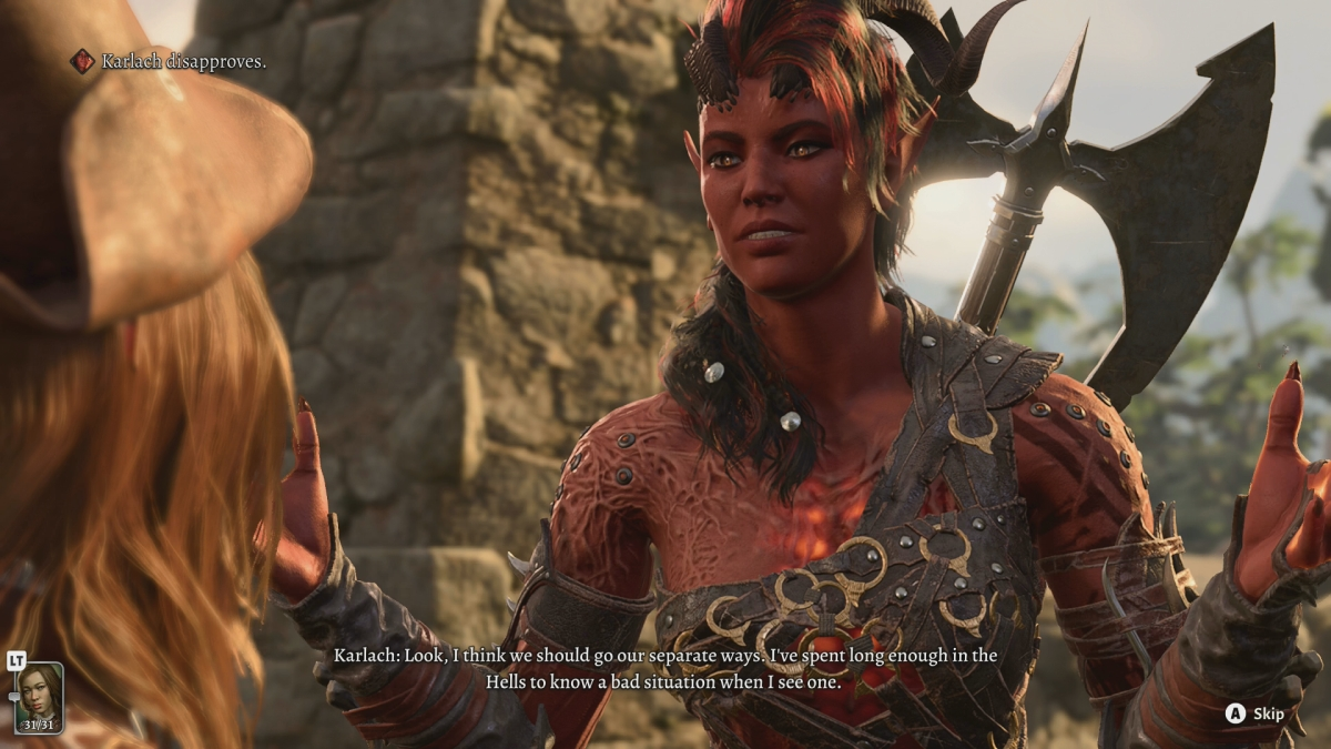 Baldurs Gate 3 Karlach désapprouve l'oubli des Tieflings
