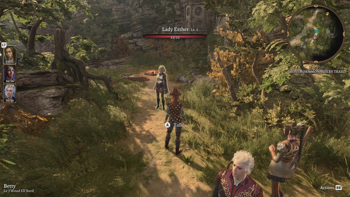 Baldurs Gate 3 Lady Esther sur le sentier du monastère de Rosymorn