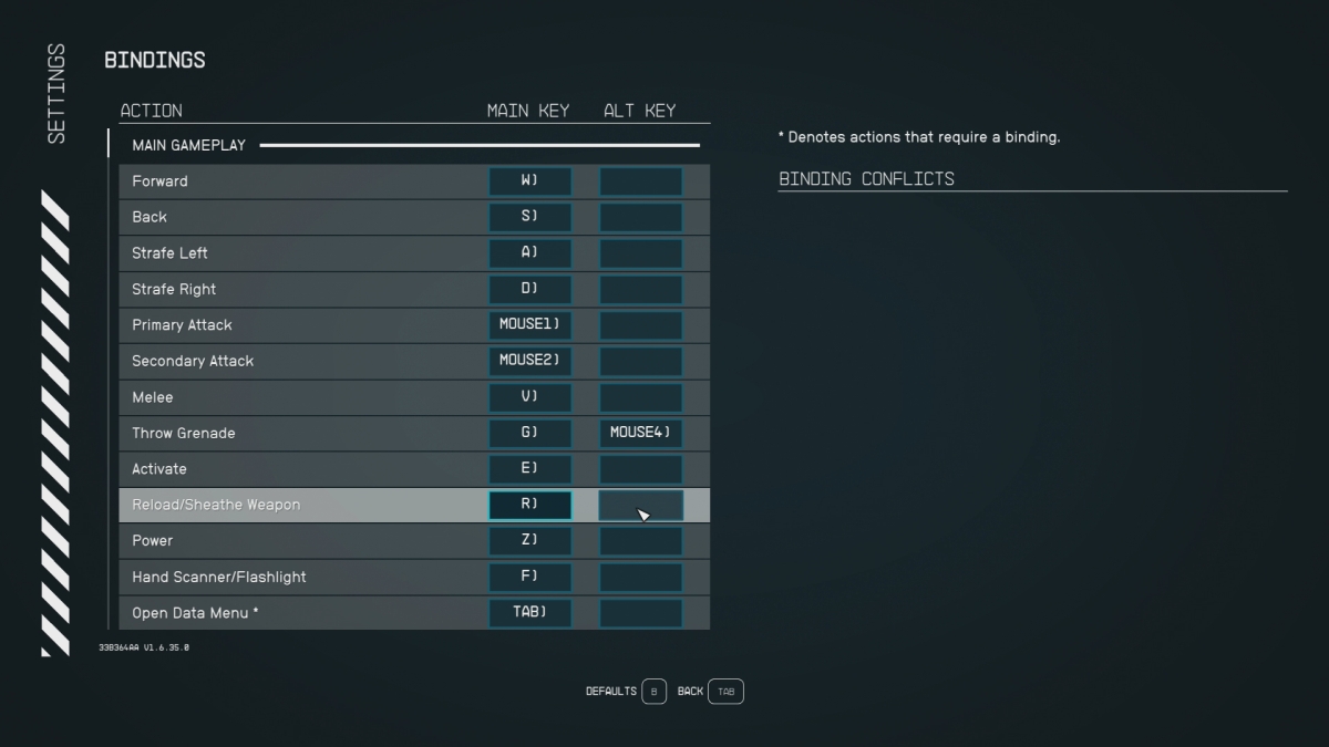 Paramètres Starfield Fixations Rechargement Gaine Arme