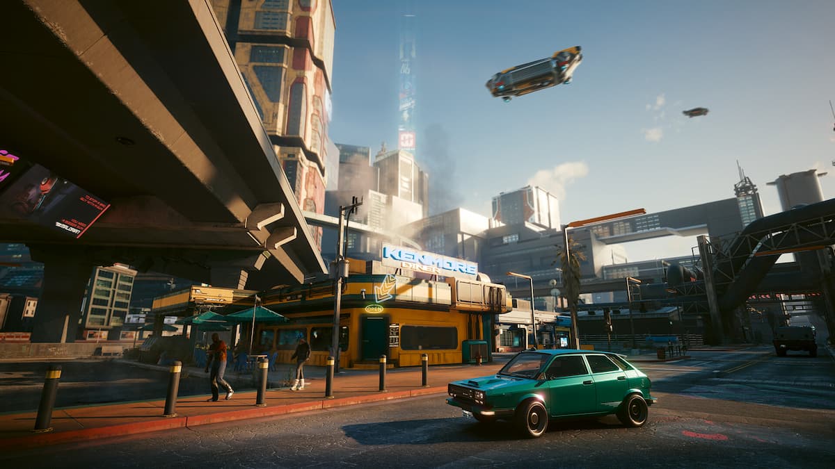 Voiture Cyberpunk 2077 devant un restaurant (1)