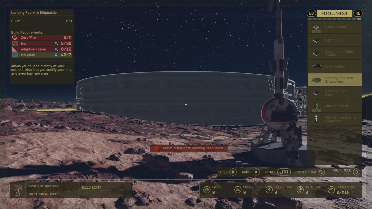 Aire d'atterrissage Starfield avec ajout d'un constructeur naval à l'avant-poste
