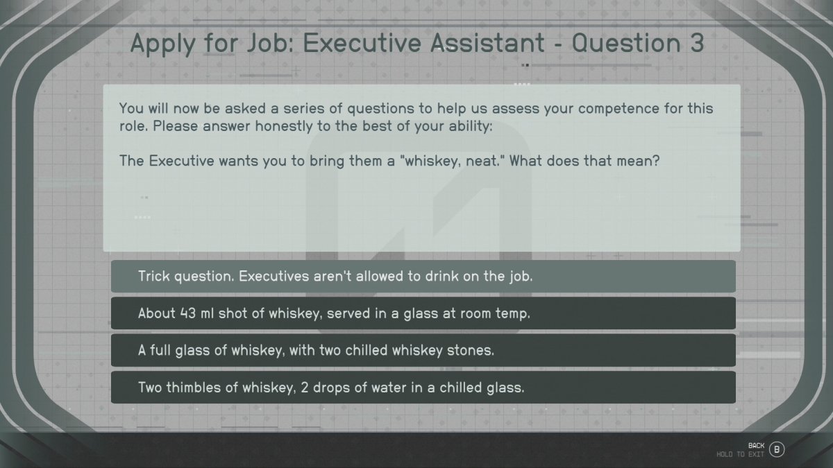 Starfield Red Tape Blues Whiskey Neat Question sur l'enquête sur l'emploi