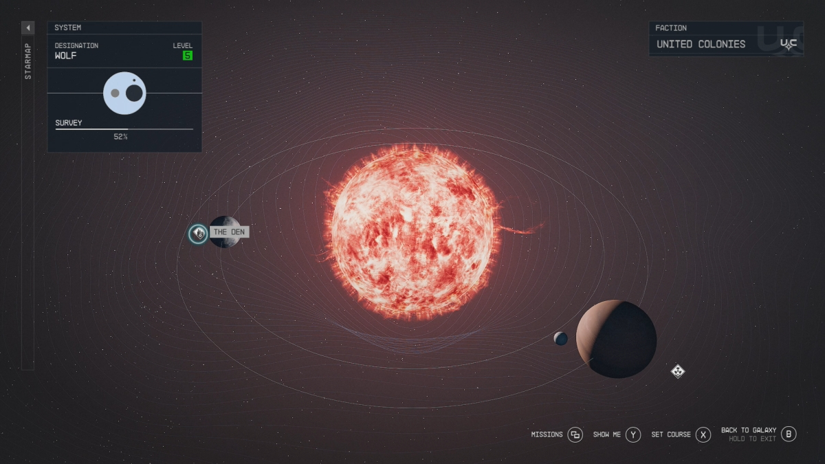 Emplacement de Starfield The Den sur Starmap dans Wolf System