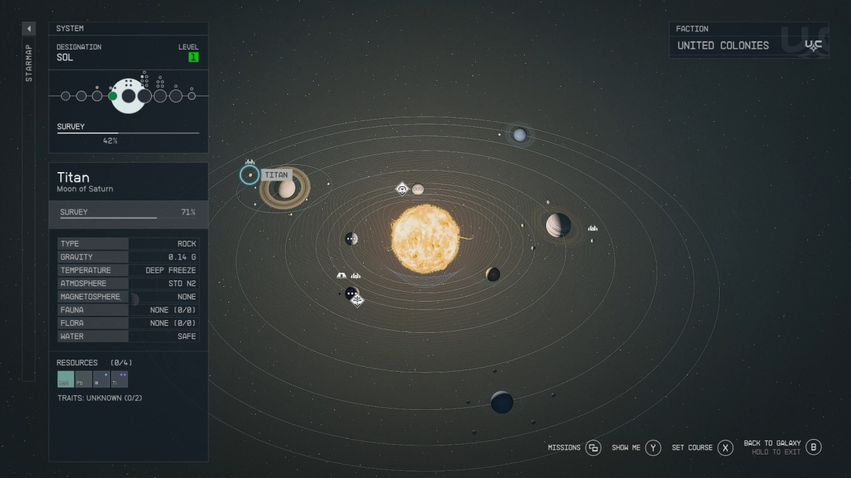 Starfield Titan dans la carte des étoiles du système Sol
