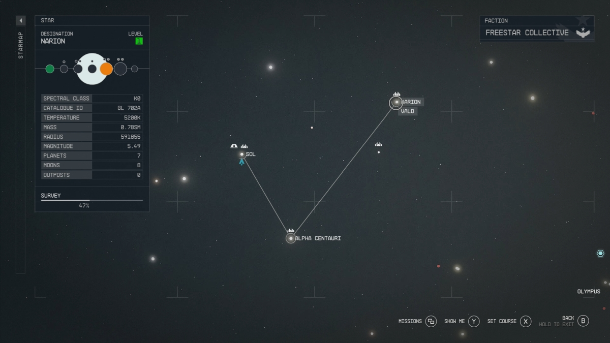 Système Starfield Valo affiché sur Starmap à côté de Narion