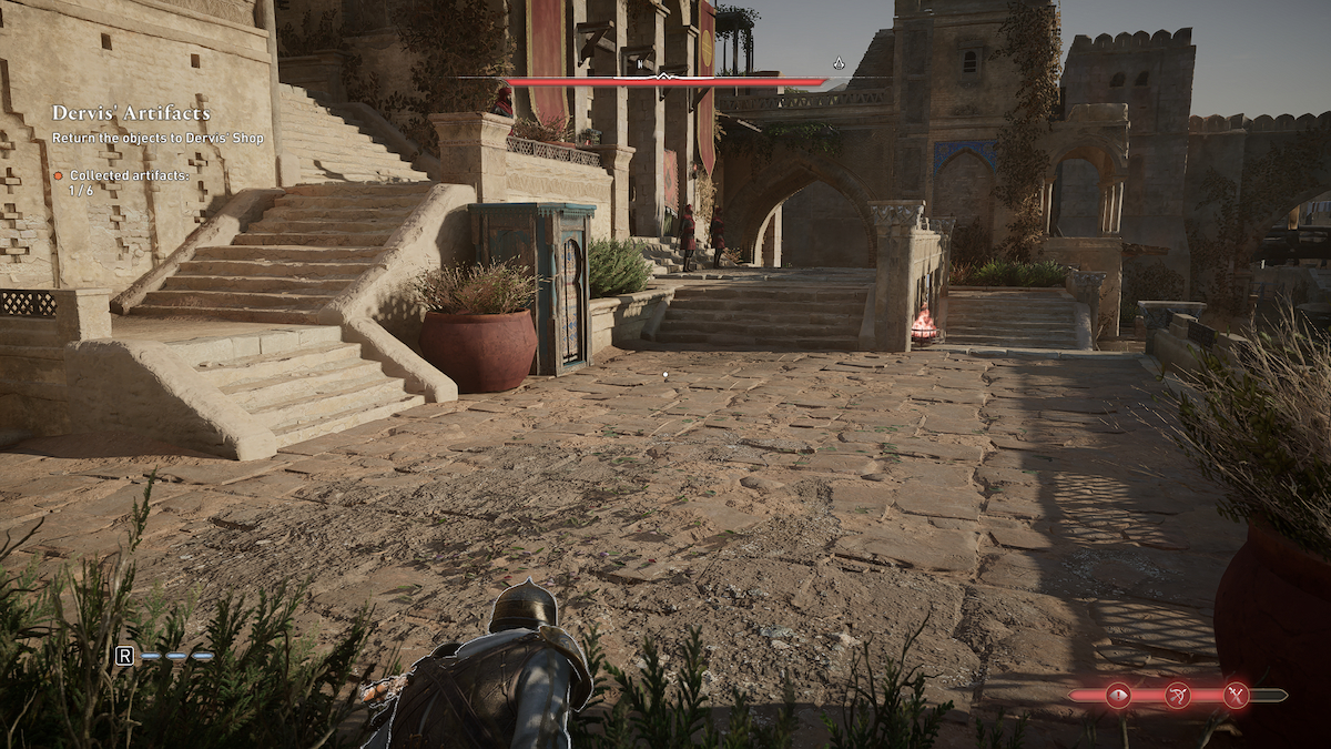 Assassin's Creed Mirage Basim regarde Abd Garuds sur une staricase