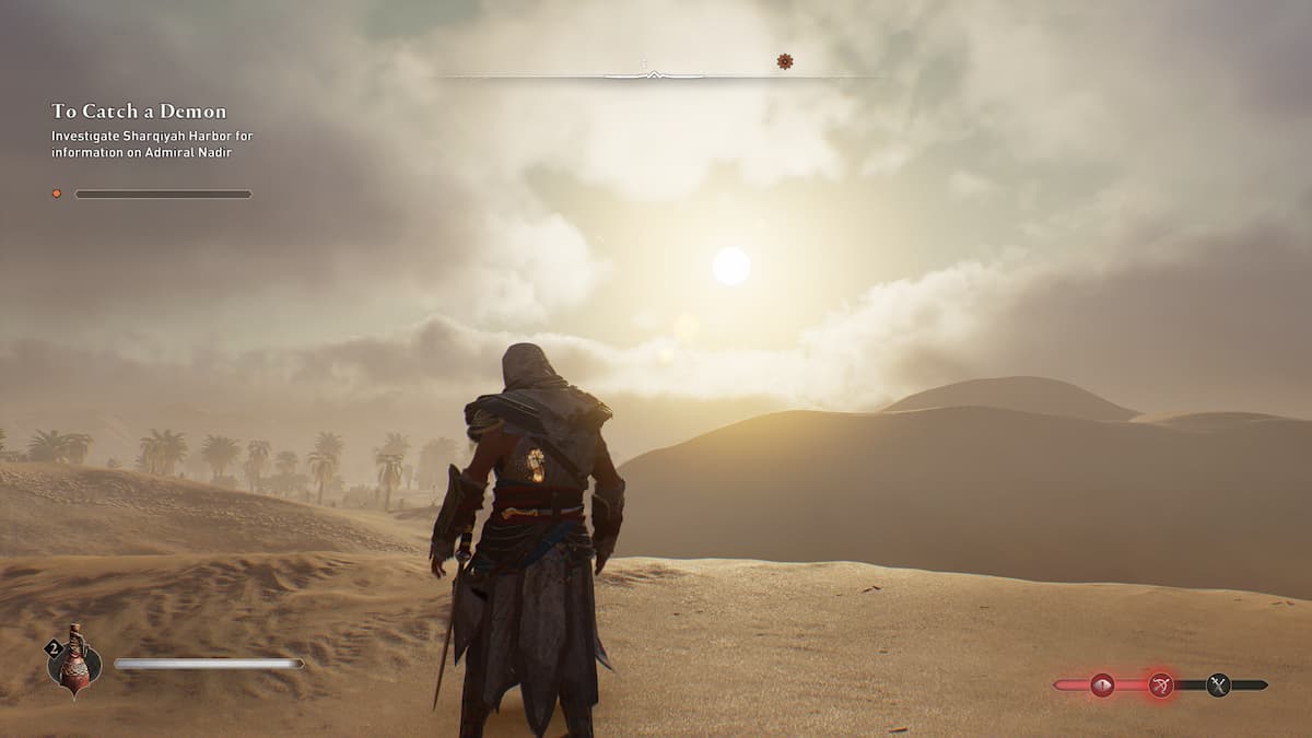 Assassin's Creed Mirage Basim dans le désert avec le soleil sur lui