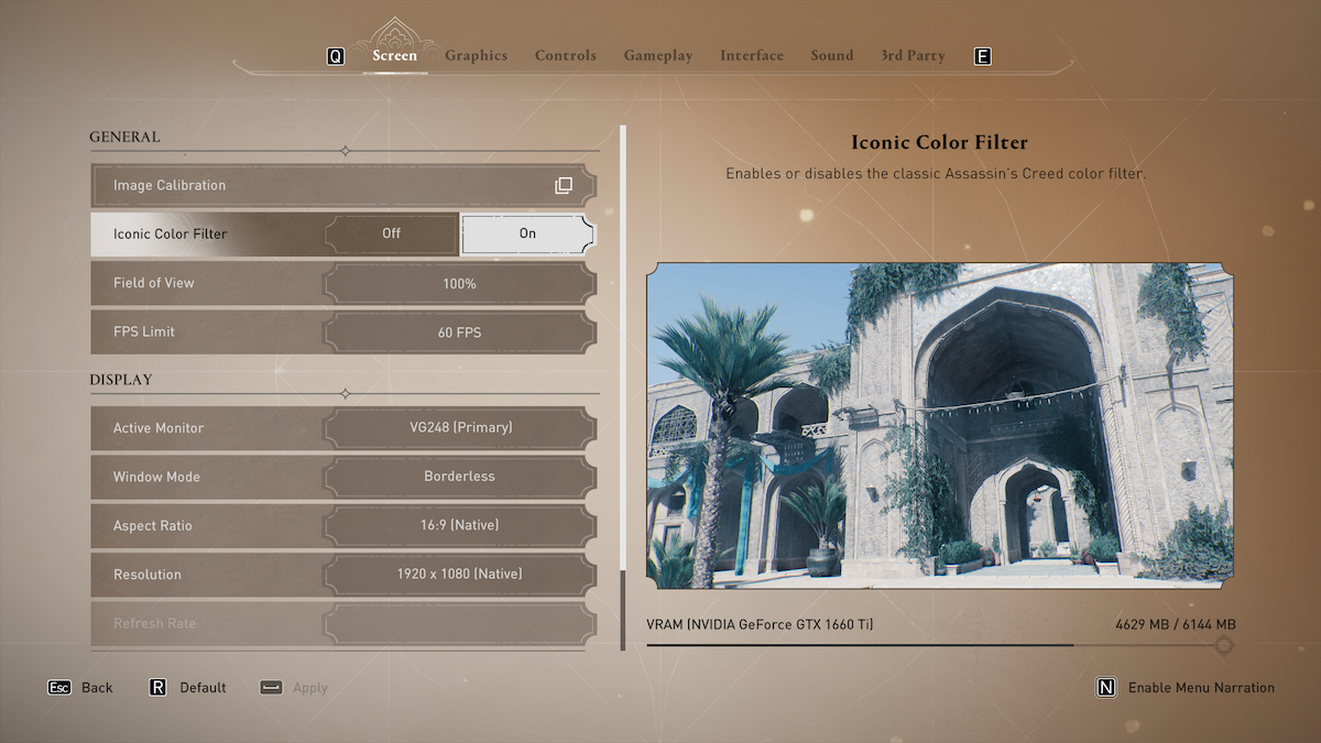 Assassins Creed Mirage sélectionnant le filtre de couleur emblématique