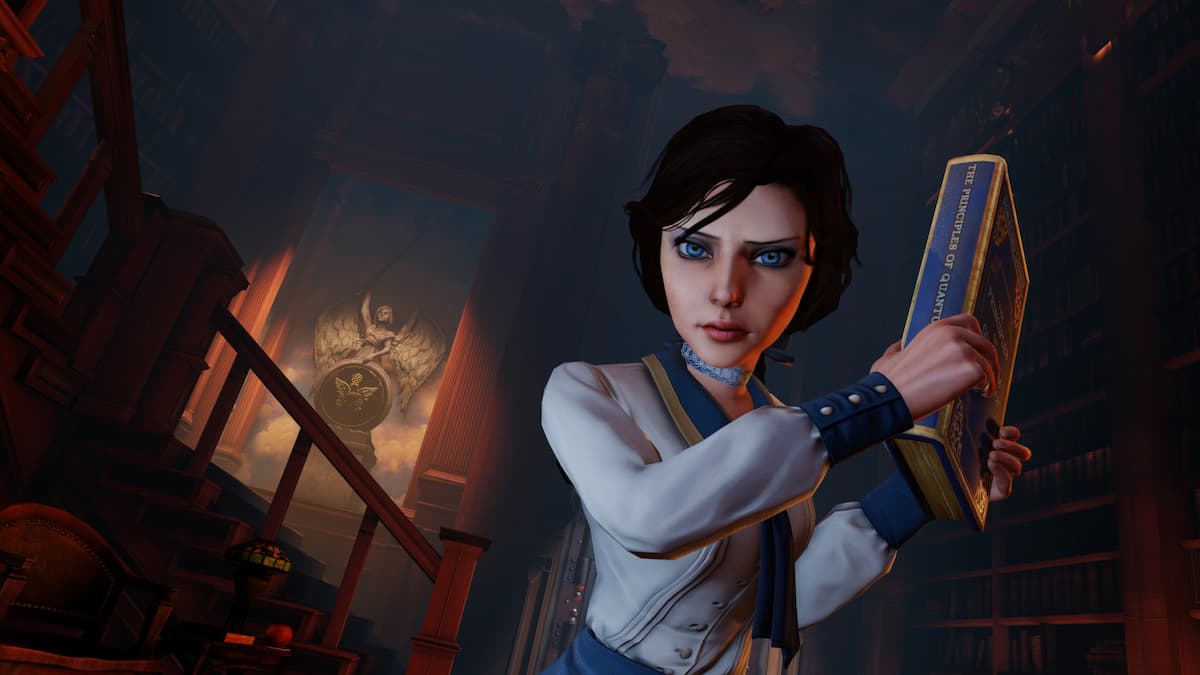 Bioshock Elizabeth est sur le point d'attaquer le personnage principal avec un livre1
