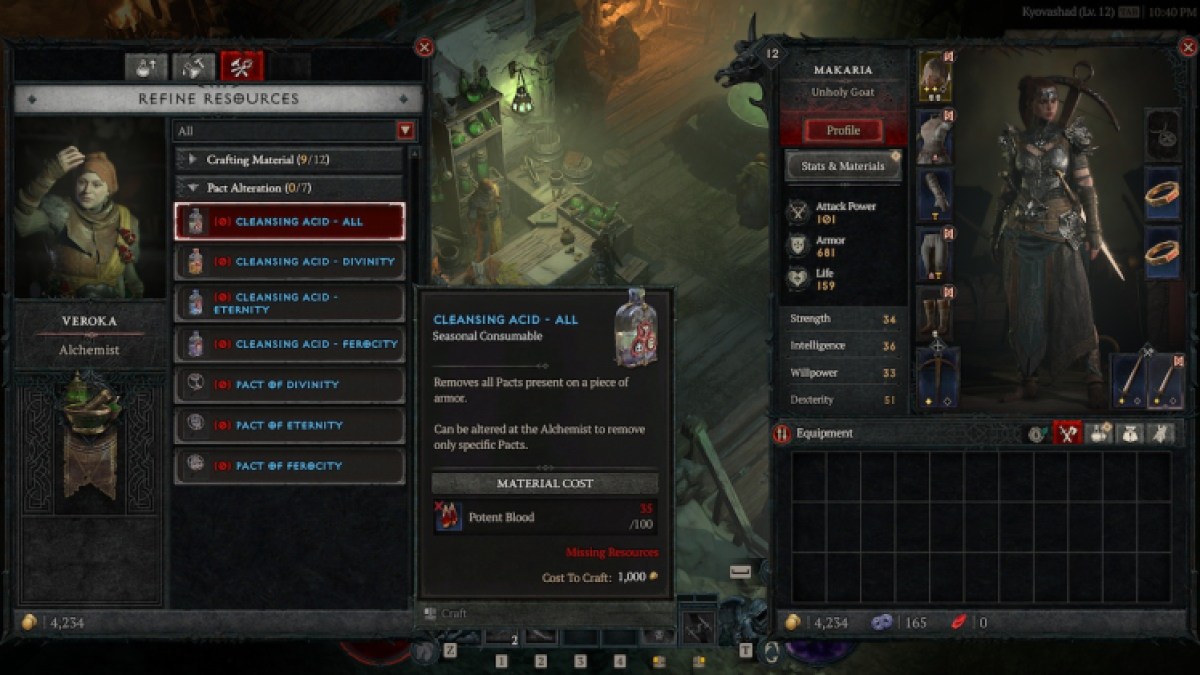 Comment obtenir de l'acide nettoyant Diablo 4 Saison 2 Alchemist Craft