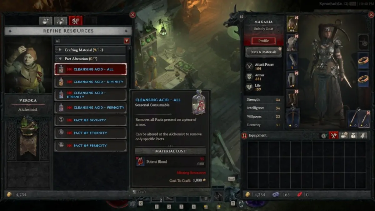Comment obtenir de l'acide nettoyant Diablo 4 Saison 2 Alchemist Craft