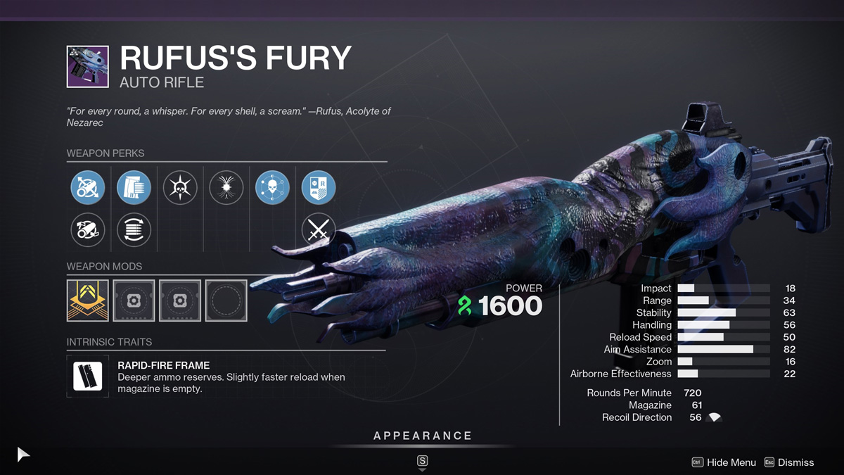 Statistiques de Destiny 2 Rufus Fury