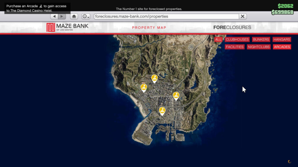 Emplacement des arcades de GTA Online
