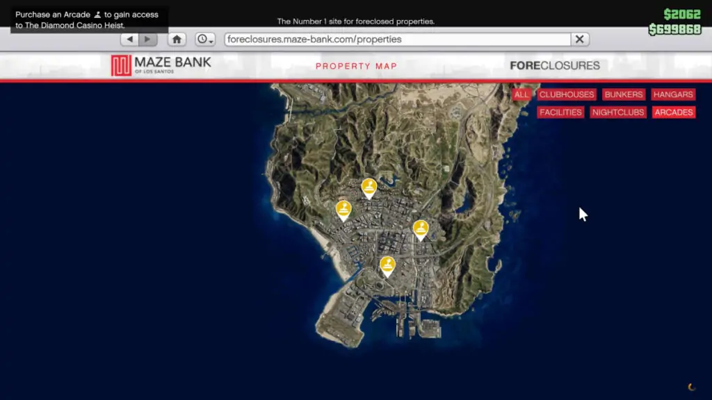 Emplacement des arcades de GTA Online