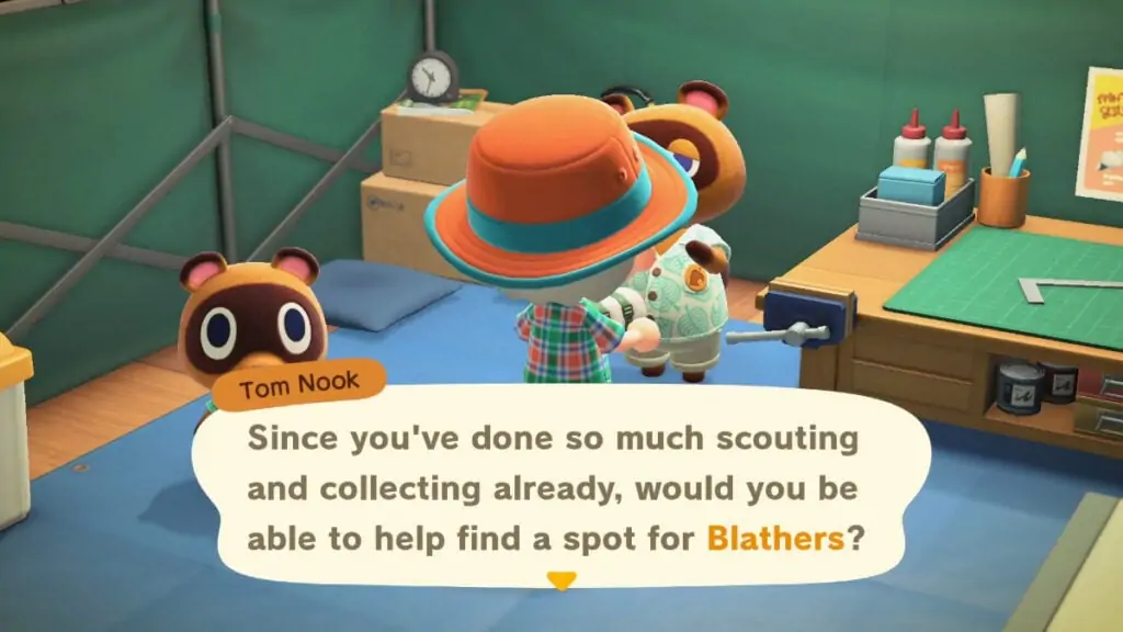 Tom Nook parle des Blathers dans Animal Crossing: New Horizons