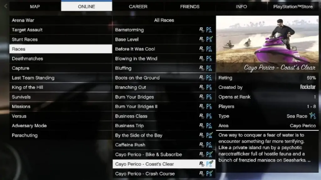L'écran de sélection de course dans GTA Online, une partie de Turning of the Snow