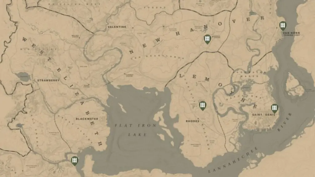 Emplacements des vendeurs de clôtures sur la carte dans RDR2