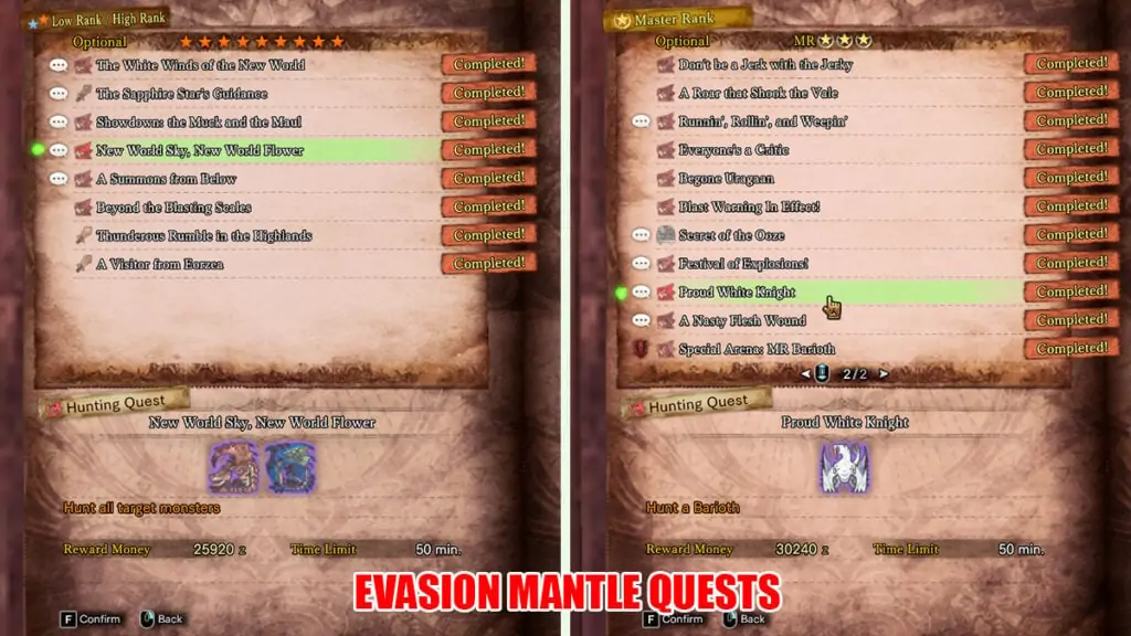 Quêtes du manteau d'évasion