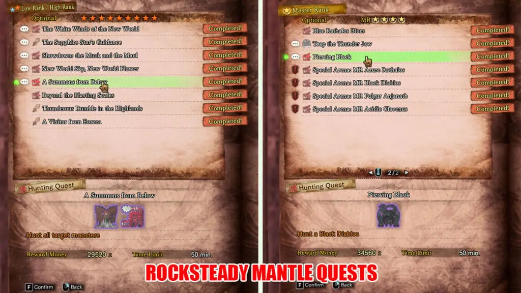 Déverrouillage des quêtes Rocksteady Mantle dans Monster Hunter World