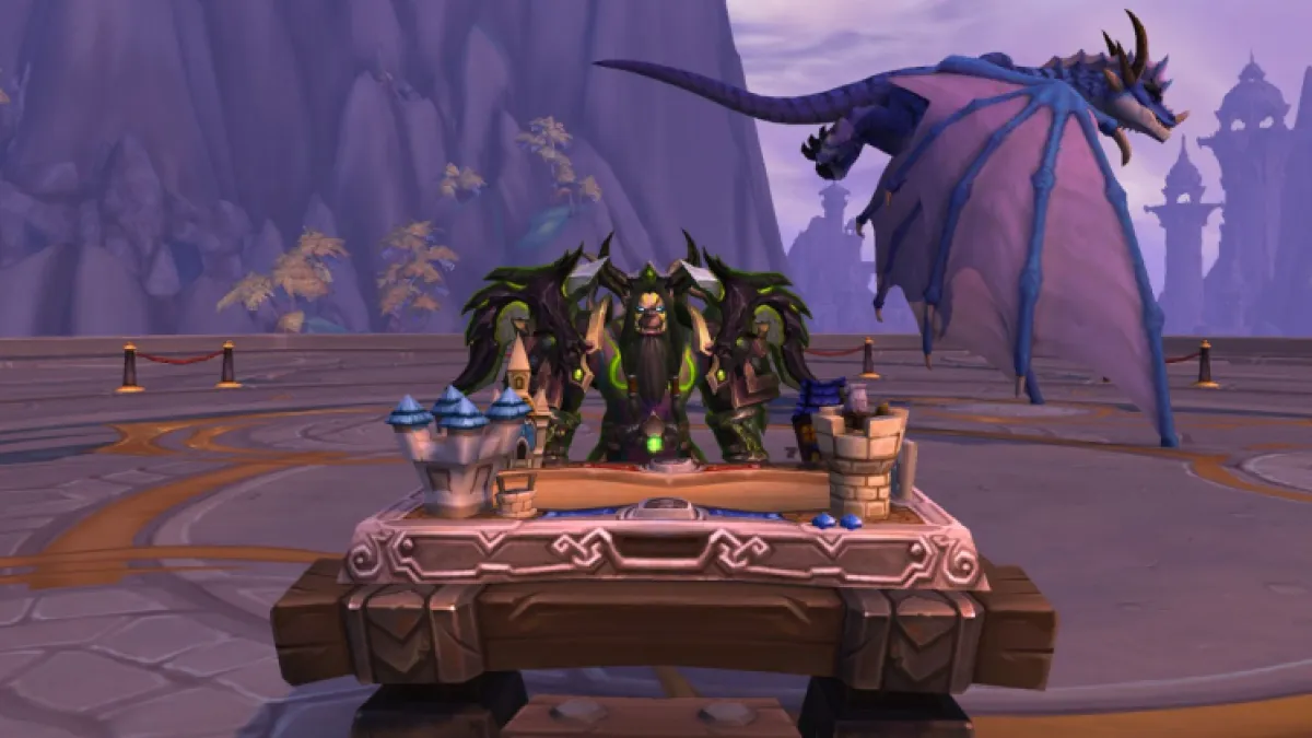 Capture d'écran de World of Warcraft - Un orc se tenait derrière le jouet Hearthstone Game Table tandis qu'un dragon survolait