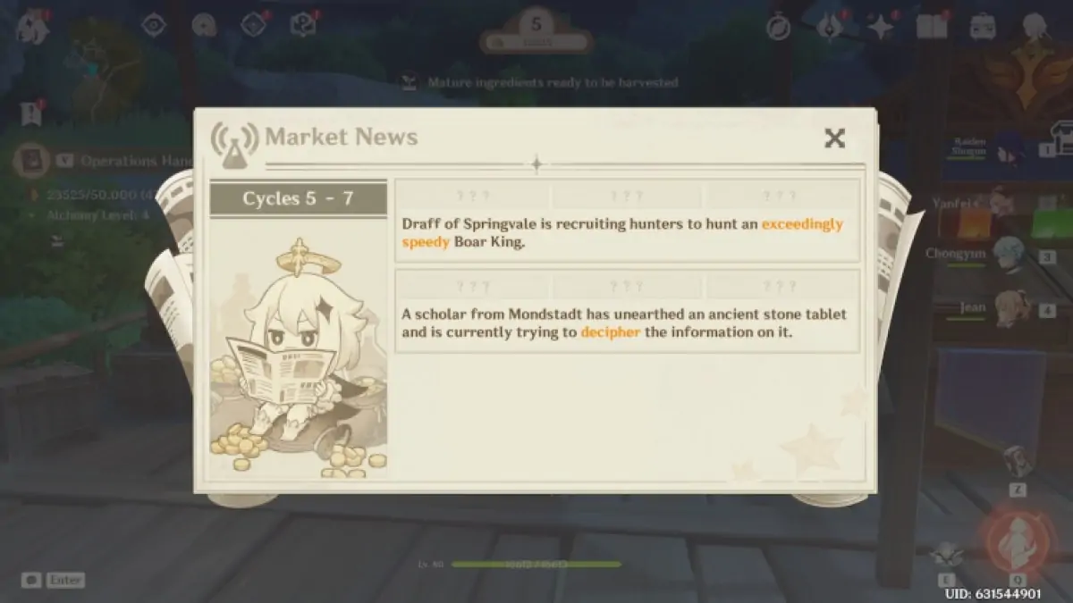 Tous les types de potions d’actualités du marché Genshin Impact Ascension alchimique 5 7
