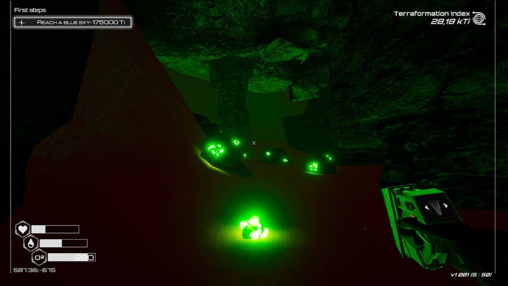 La grotte d'uranium de Gate Desert, telle que présentée dans The Planet Crafter.