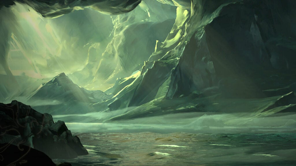 Une belle grotte baignée de lumière verte dans No Rest for the Wicked