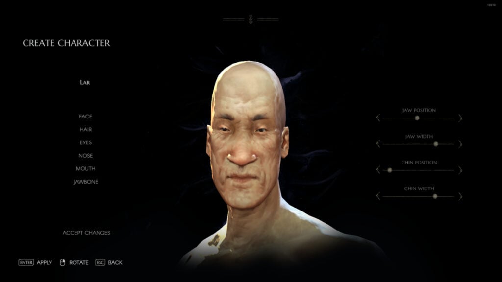 Un gros plan du visage d'un homme lors de la création du personnage dans No Rest for the Wicked