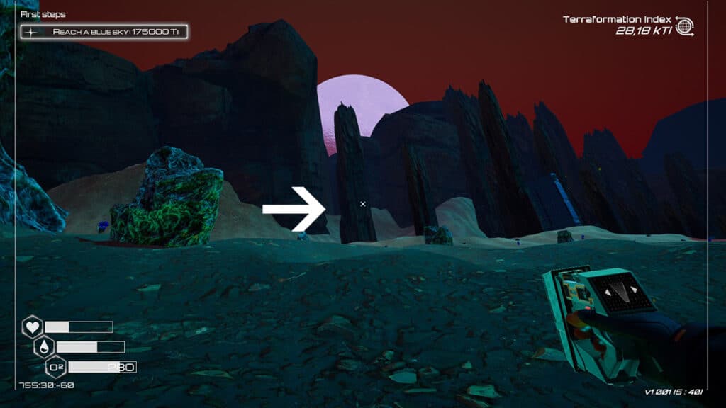 Le chemin menant à la grotte d'uranium dans The Planet Crafter.