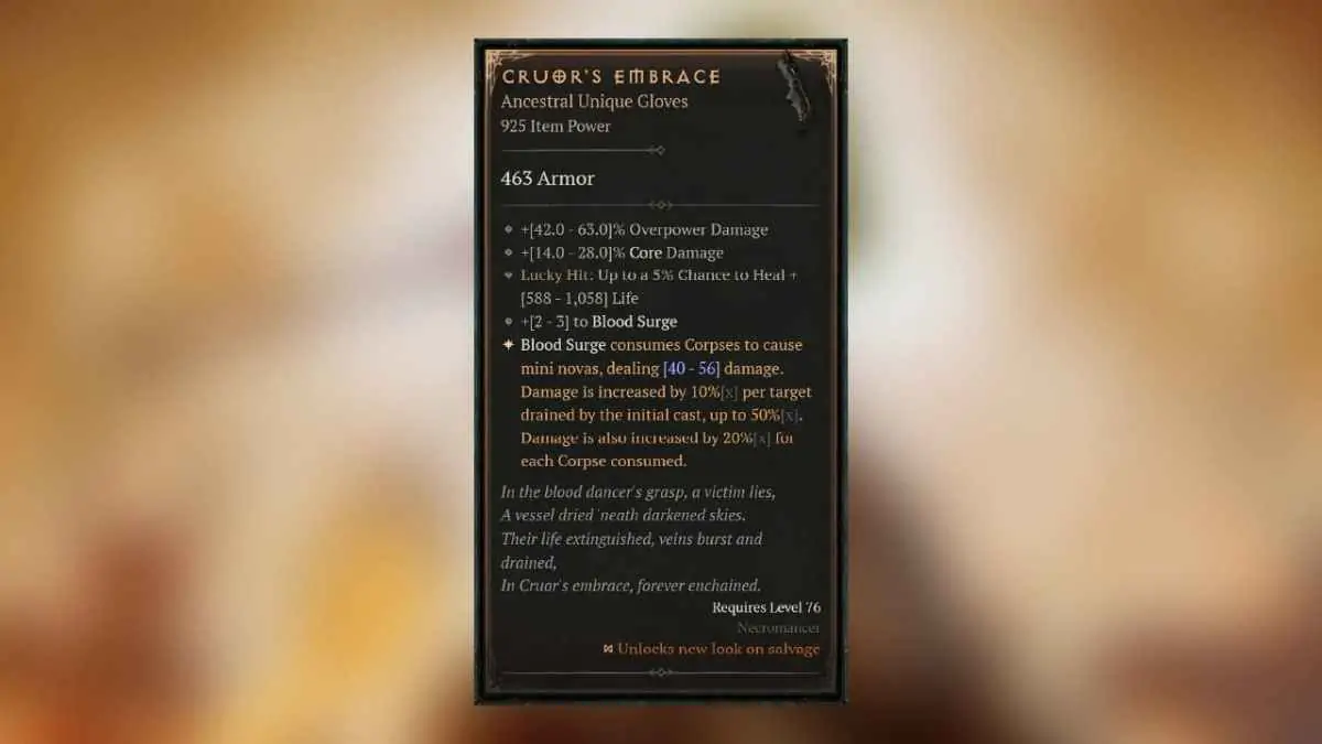 Diablo 4 Cruors embrassent l'unique