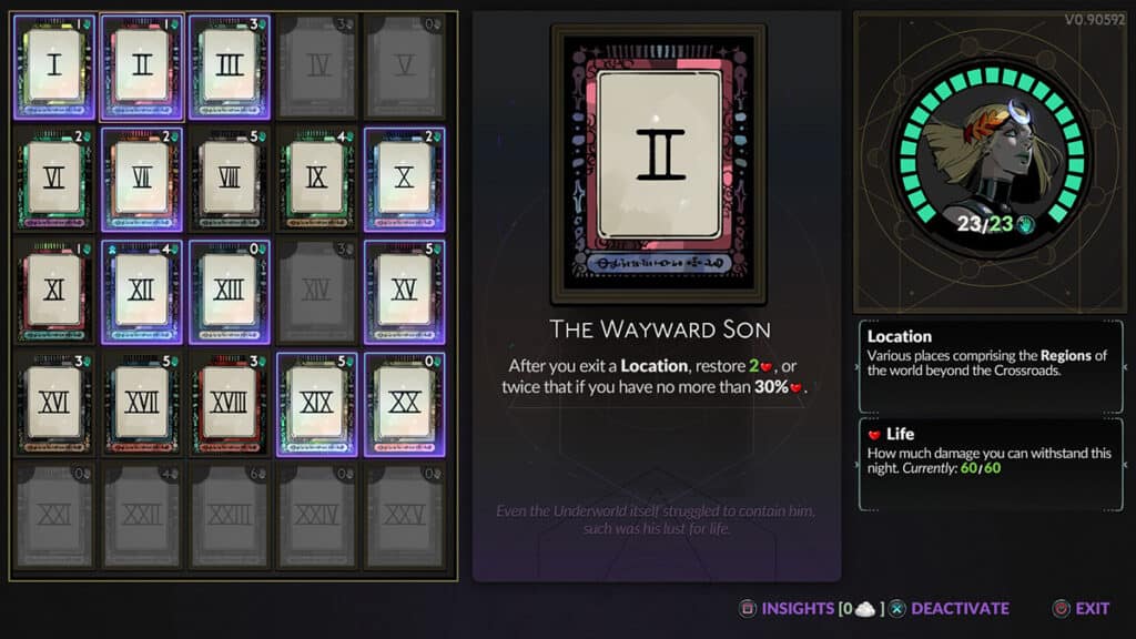 La carte Arcana Wayward Son dans Hadès 2.