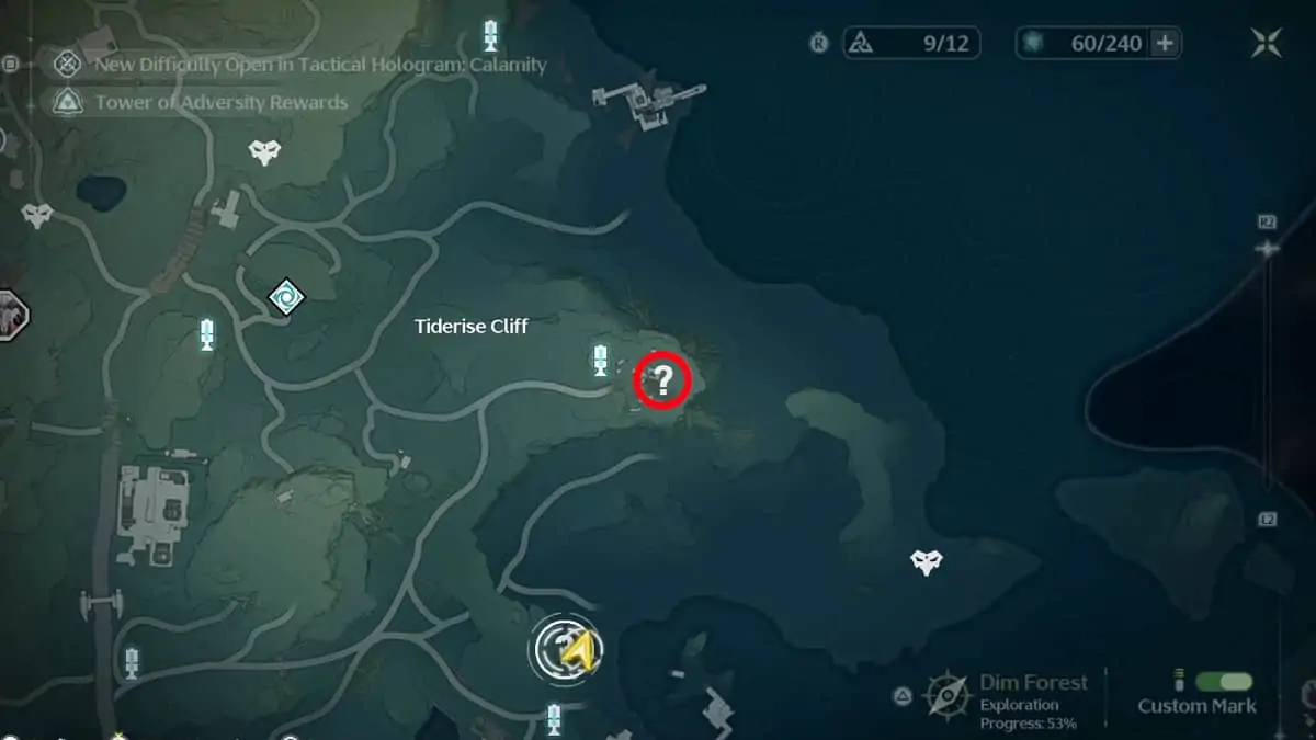 Emplacement du phare de Tiderise Cliff dans Wuthering Waves.