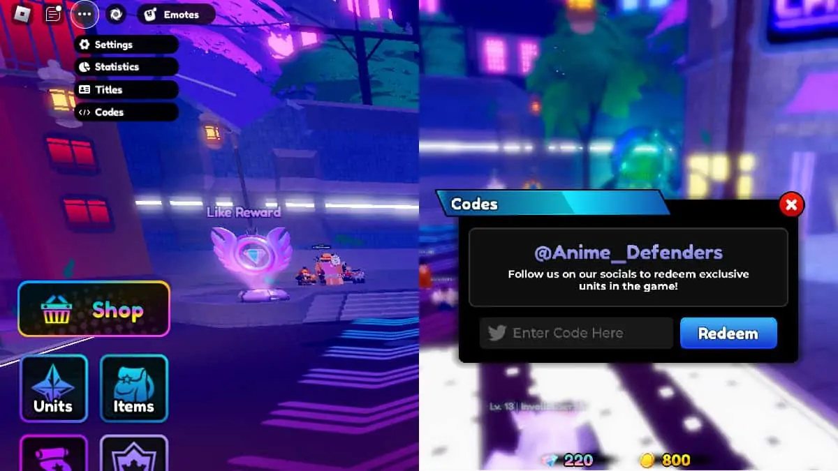 la fenêtre d'échange de code dans Roblox Anime Defenders