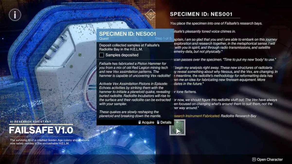 Destiny 2 Spécimen Nes001 Quête