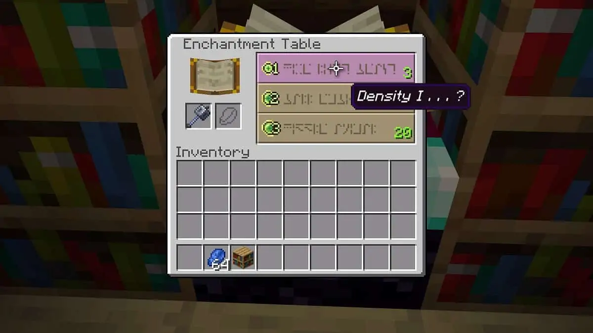 enchantement de densité dans la table d'enchantement