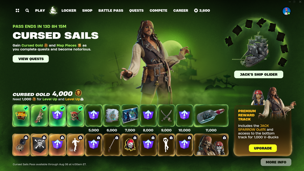 Parcours de récompenses Cursed Sails dans Fortnite, avec des récompenses inspirées de Pirates des Caraïbes