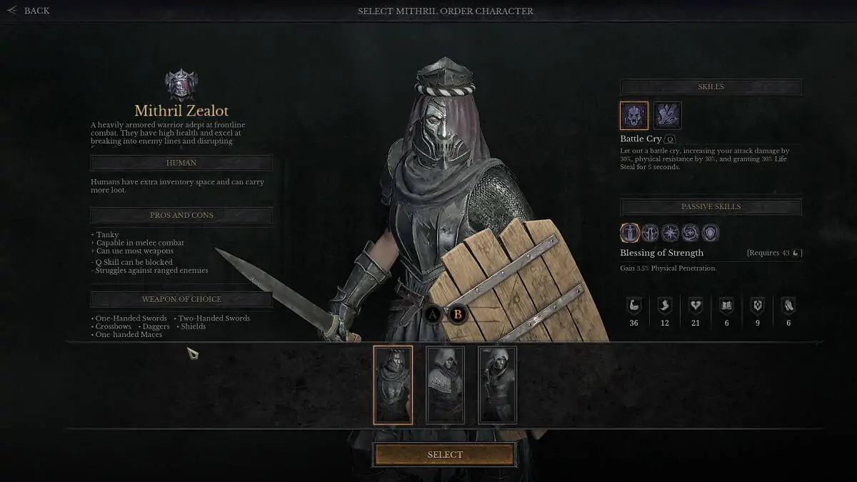 choisir une classe pour l'ordre de mithril dans dungeonborne