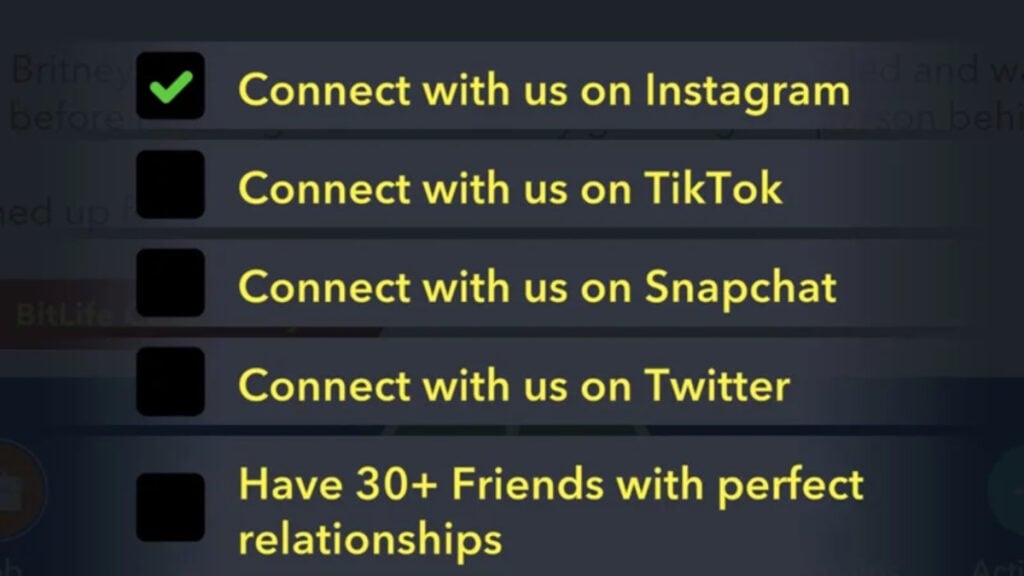 La liste de connexion du Social Butterfly Challenge dans BitLife