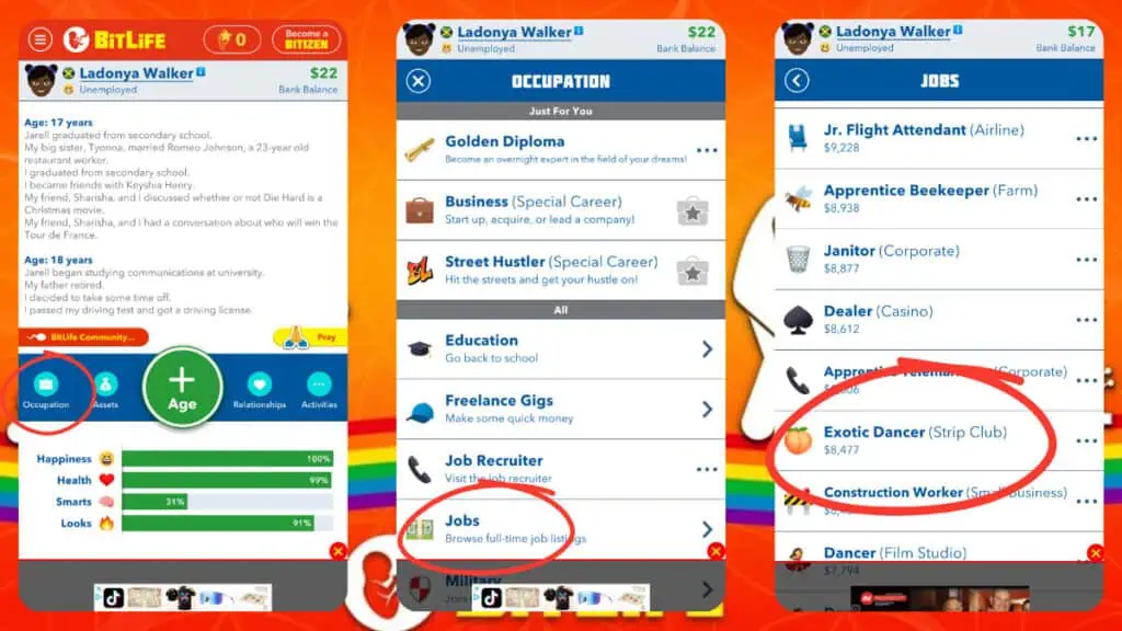 bitlife devient stripteaseuse
