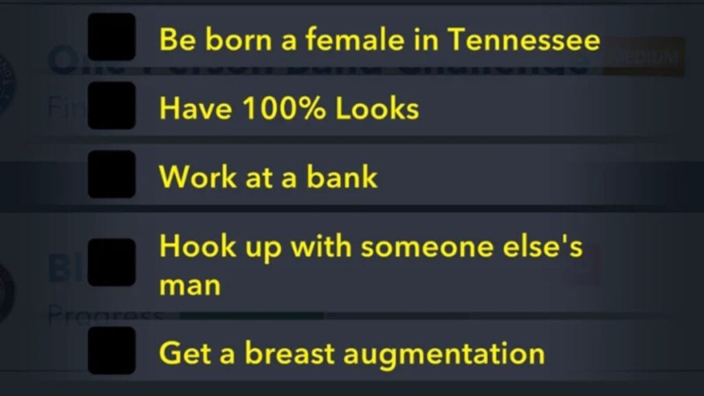 Une liste des tâches nécessaires pour terminer le Jolene Challenge dans BitLife
