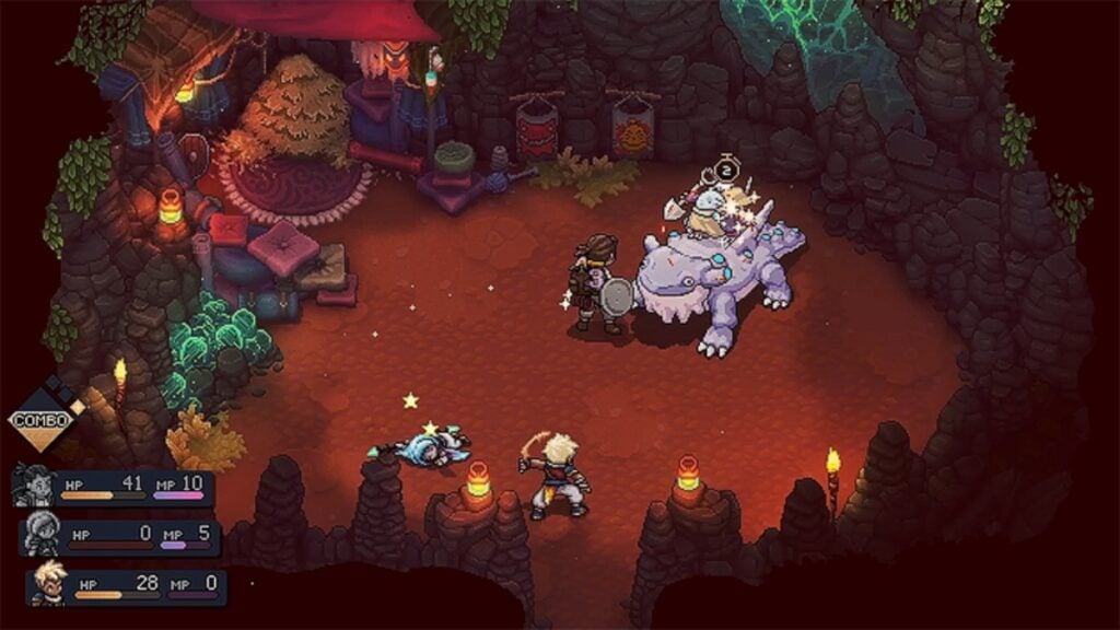 Les personnages s'affrontent dans une grotte de Sea of ​​Stars